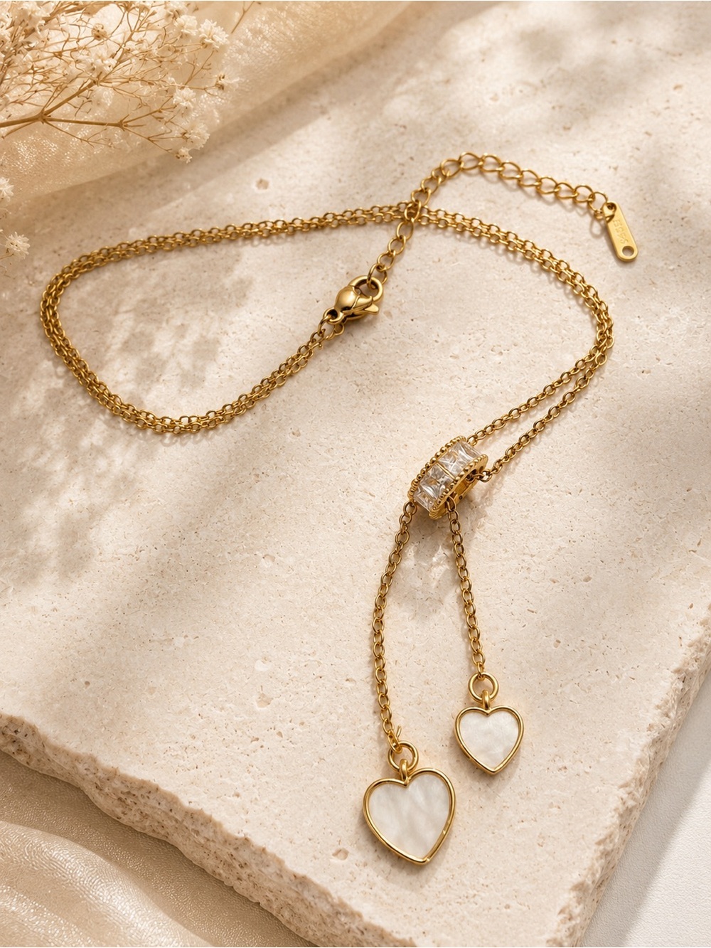 Gold Plated Heart Drop Necklace with Mother-of-Pearl Accents